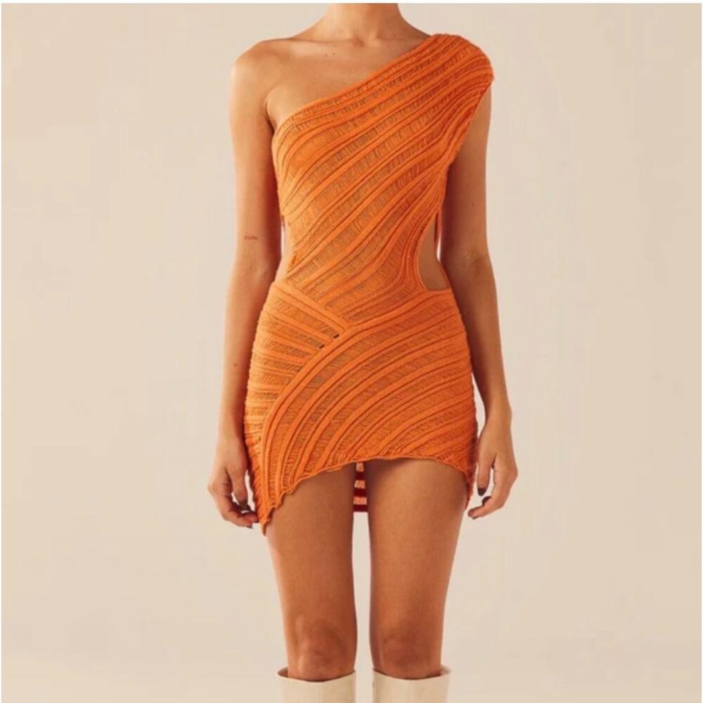 Peppermayo Percilla Ladder Knit Mini Dress Orange One Shoulder Cutout Size: XS/S